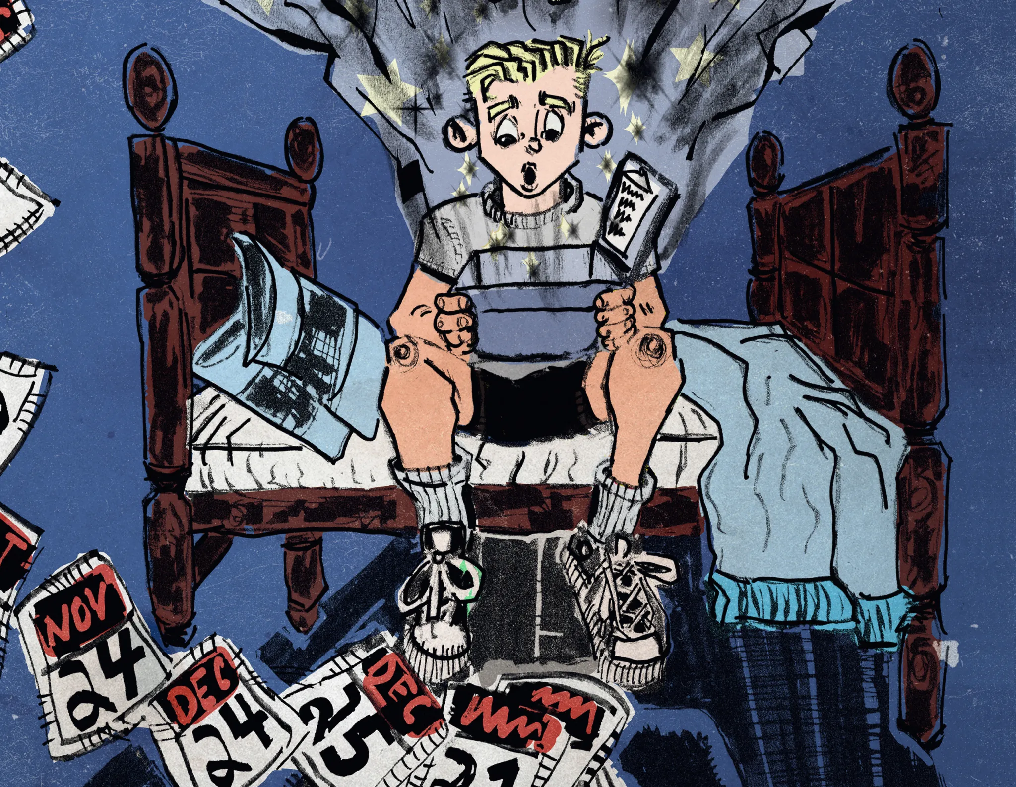 Hugh opens a mysterious box on his bed, surrounded by fluttering calendar pages